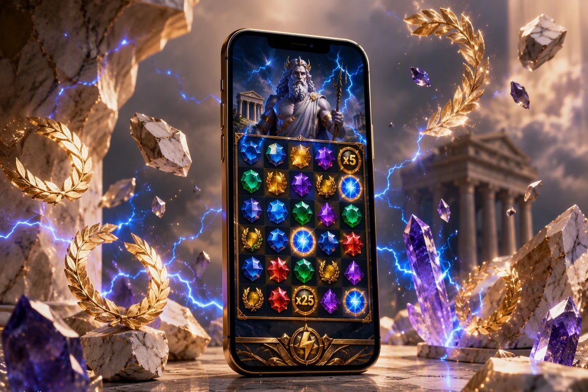 A fictional Greek-mythology match-three puzzle displayed on a phone