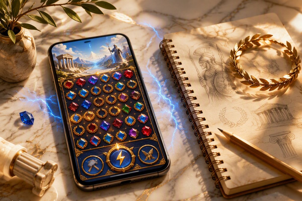 Phone with a fictional mythology puzzle beside a strategy notebook