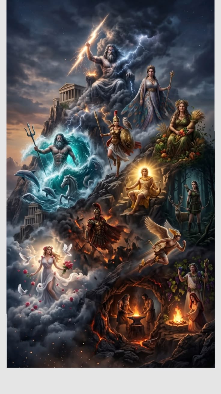 A collage of the twelve Olympian gods in classical style