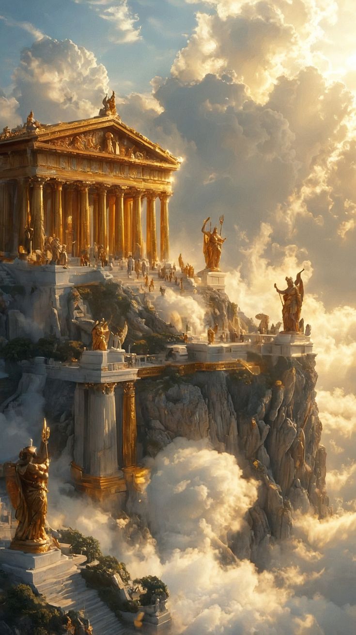 Golden temple of Olympus rising through clouds at dawn